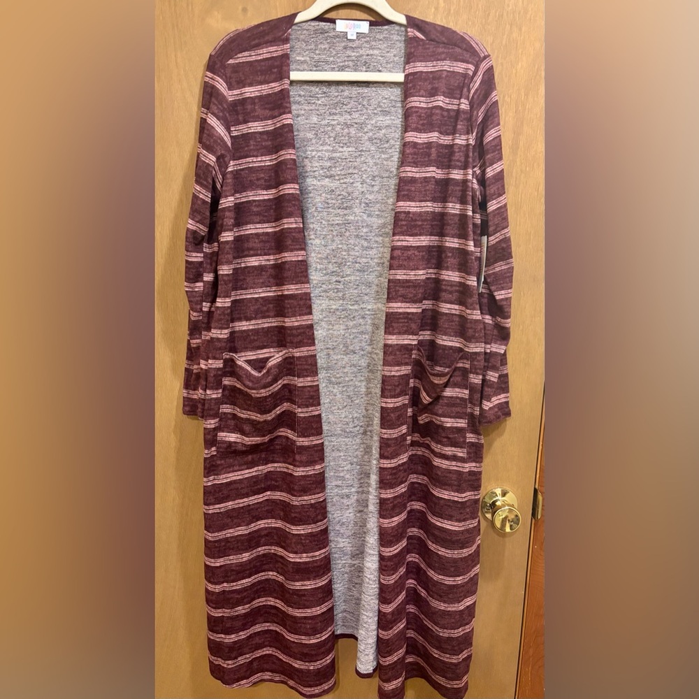 NWT LuLaRoe Sarah Duster Cardigan Sweater Pockets Burgundy Striped Medium